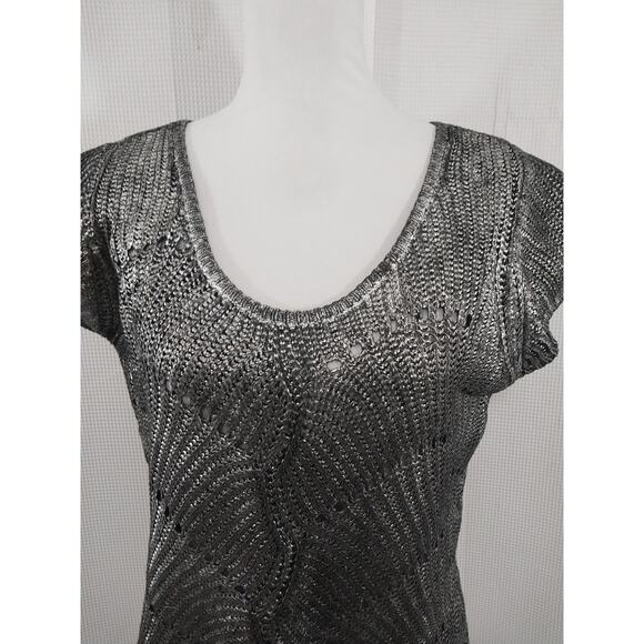 NWOT! WORTHINGTON! SILVER BRUSH PAINTED SHORT SLEEVE BLACK SWEATER/TOP! SZ L - Picture 3 of 8